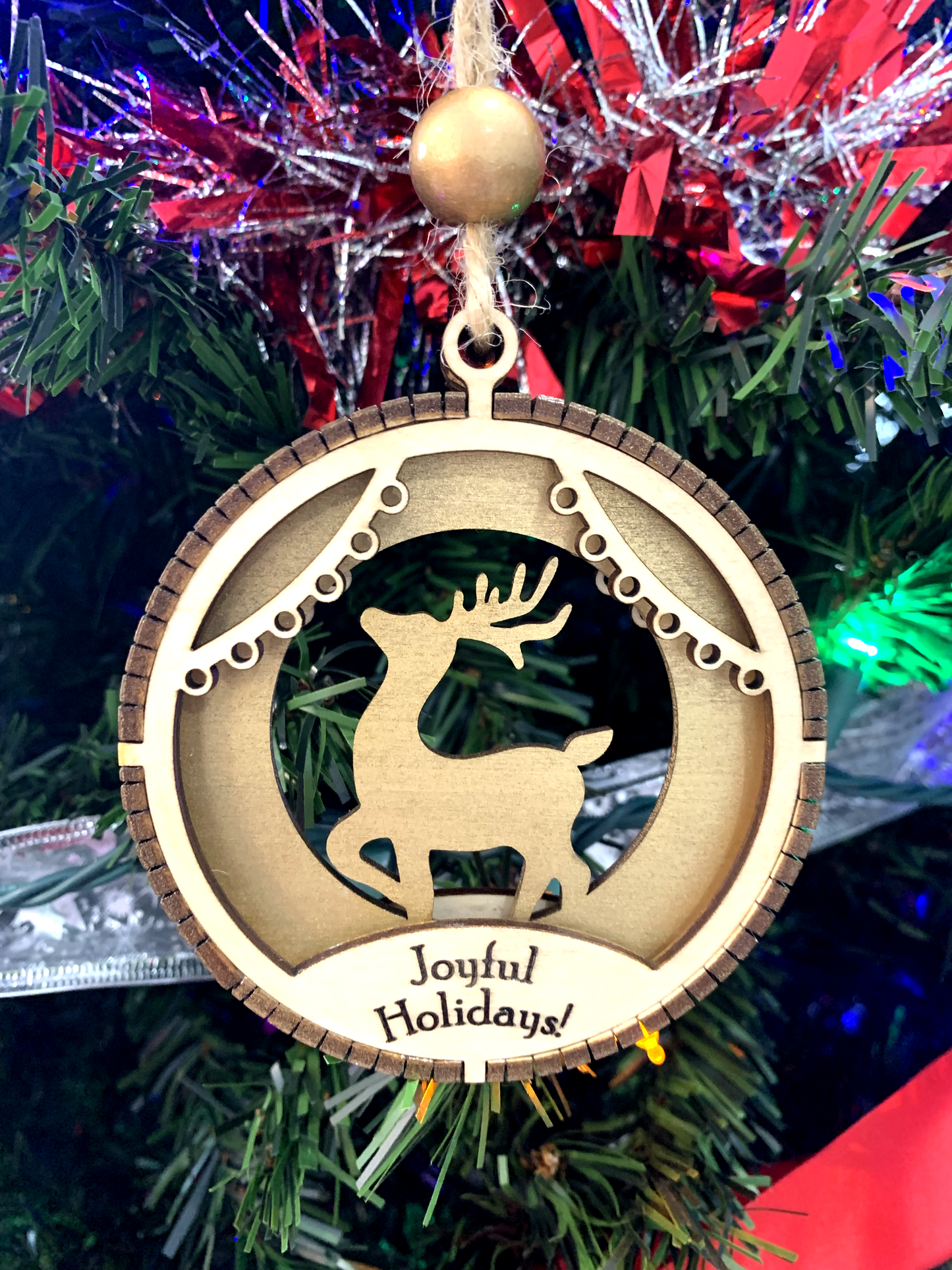 3 layer Wood Ornament/Deer Insert "Joyful Holidays" engraved