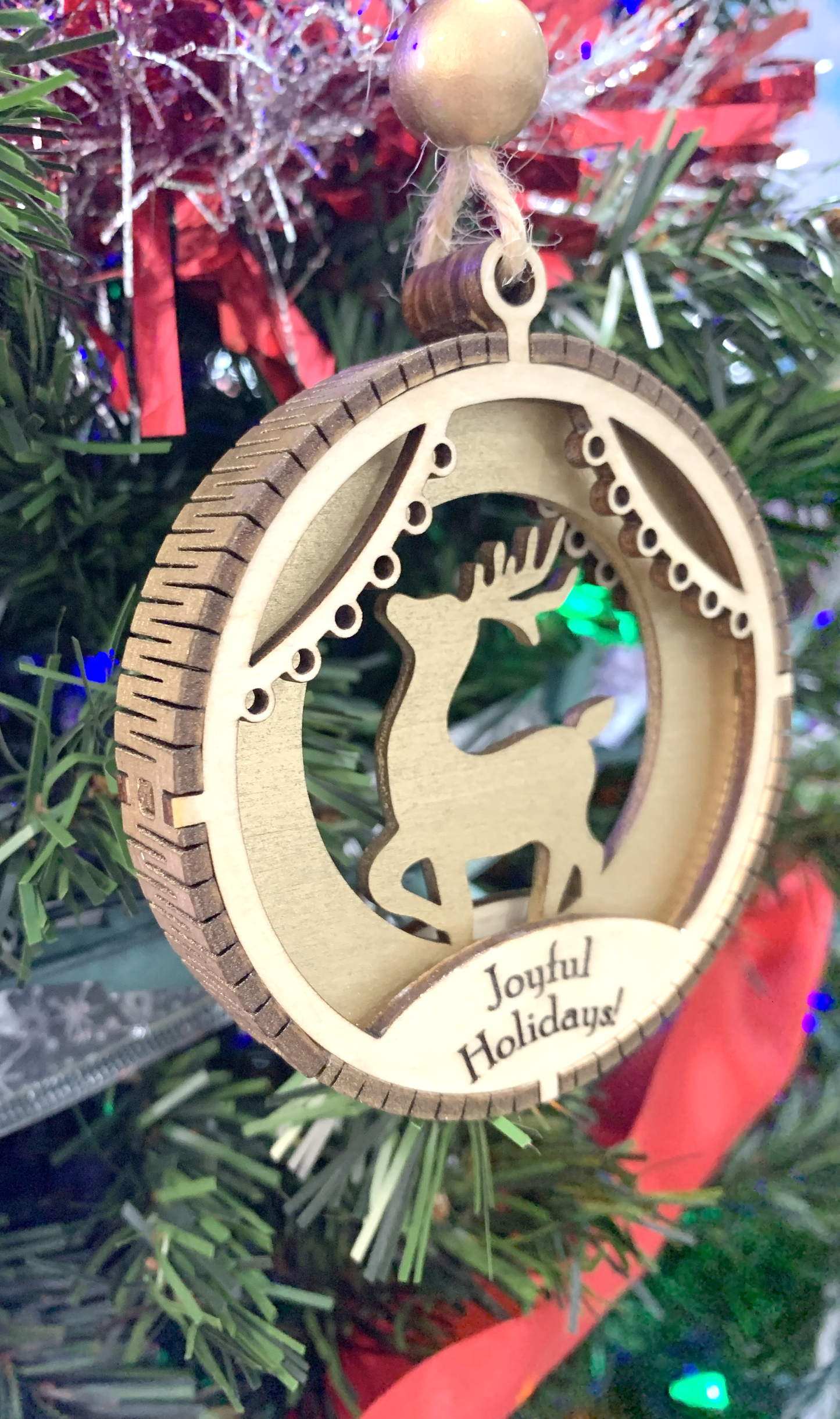 3 layer Wood Ornament/Deer Insert "Joyful Holidays" engraved