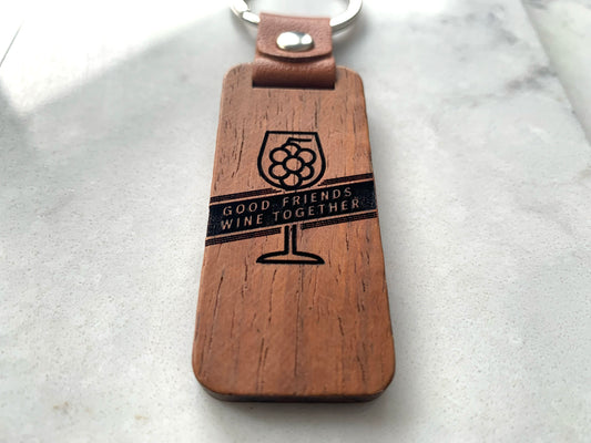 Walnut Keychain Good Friends Wine Together